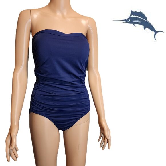Tommy Bahama Pearl Shirred Bandeau One-Piece Swimsuit Navy Size 10 - Picture 2 of 10